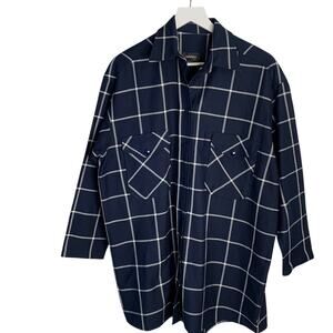 Ottod’Ame Oversized Women’s Button-down Pocket Blue Plaid Shirt W-273 Sz XS/S